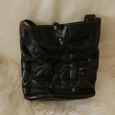 Bolso rompecabezas HENRY CUIR de colección raro cuero negro cuentas antiguas bolso de hombro uso Foto 1 de 4