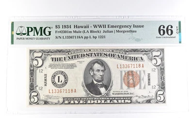 1934 $5 Hawaii WWII Emergency Issue Fr#2301m Mule Gem Unc 66 EPQ PMG *0943 - Image 1 of 3