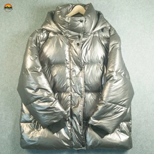 Gap Puffer Jacket Silver Metallic Heavyweight Hooded Streetwear Women's Size XL - Picture 1 of 13