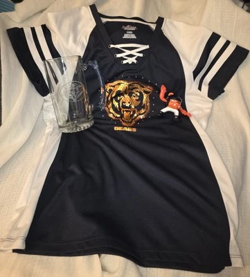 CHICAGO BEARS BUNDLE Womens Jersey Majestic Sequin Tie Shirt, Beer Mug, Rush Zon - Image 1 of 4