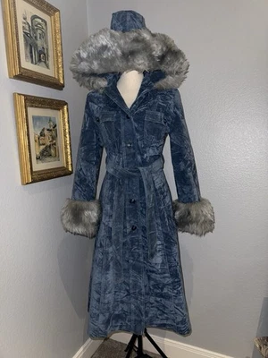 Vintage 1970s Blue Penny Lane Coat Small/XS Jacket Faux Fur Cuffs And Hood Trim - Image 1 of 4
