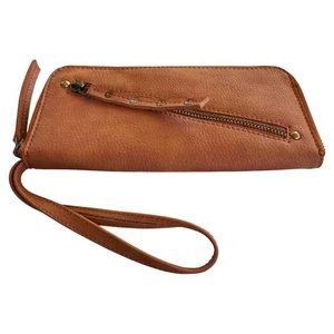Free People Vegan Leather Wallet Wristlet Zip Around Clutch Brown - Picture 1 of 4