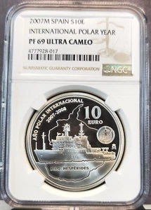 2007 SPAIN SILVER 10 EURO INTERNATIONAL POLAR YEAR NGC PF 69 ULTRA CAMEO TOP POP - Picture 1 of 3