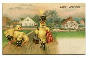 Vintage Easter Postcard CHICKS IN TOP HATS AND BOOTS Country Road 1908 - Picture 1 of 2