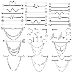 1-16pcs Industrial Barbell Stainless Steel Chain CZ Gems Cartilage Body Piercing - Picture 1 of 13