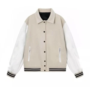 New Men’s Varsity Letterman Jacket Cream Body White Leather Sleeves Handmade - Picture 1 of 5