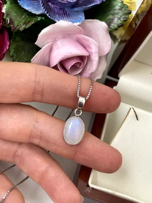 PRECIOSO COLLAR MODERNISTA COLGANTE DE PIEDRA LUNAR DE PLATA ESTERLINA MACIZA 925 16" Foto 1 de 4