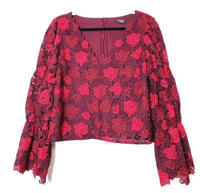 Club Monaco Womens Large Top Lace Crochet Floral Bell Flare Sleeve Red - Image 1 of 4