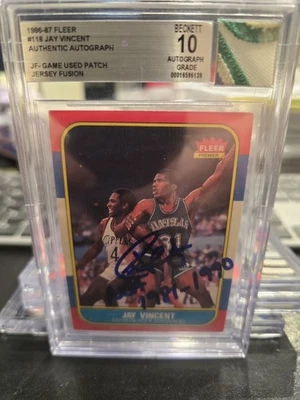 JAY VINCENT 1986-87 FLEER GAME-USED PATCH AUTO  w/ INSCRIP BGS 10 JERSEY FUSION  - Image 1 of 4