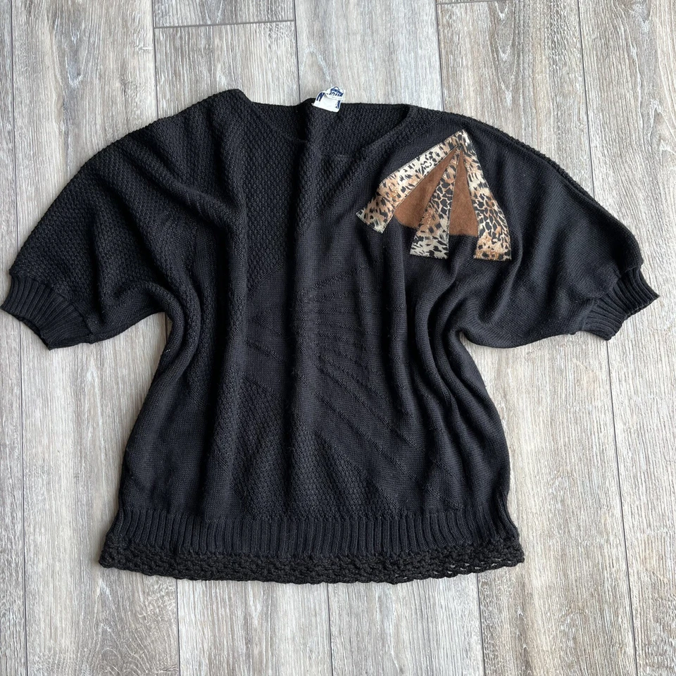 Vintage 80s Sweater Dolman Sleeve Statement Black Leopard Print Animal Large - Image 1 of 4