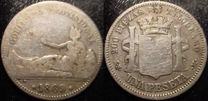 **SCARCE**1869 SILVER  1 PESETA  SPAIN **PROVISIONAL GOVERNMENT* - Picture 1 of 1
