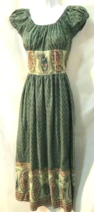 VTG Boho 70s Green India paisley cotton maxi dress gathered puff cap sleeve XS/S - Picture 1 of 6