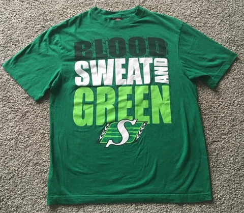SASKATCHEWAN ROUGHRIDERS Small Green T-shirt - CFL Blood Sweat and Green Cover