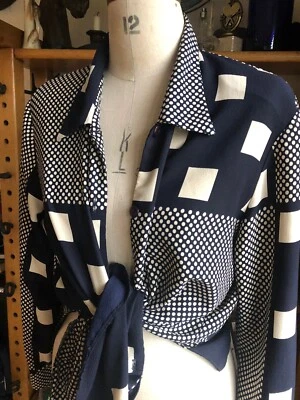 LARGE 42" BUST VINTAGE 1980S SHOULDER PADS BLOUSE SHIRTS NAVY IVORY SPOTS CHECKS - Image 1 of 4