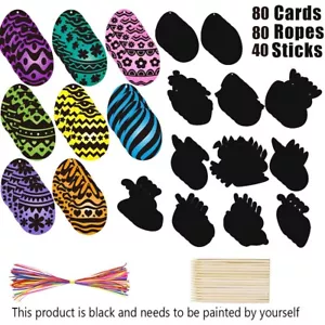 80Pcs Easter Egg Scratch Art Set Paper Easter Ornaments with Ropes and Sticks - Picture 1 of 6