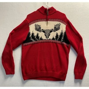 Chaps Men's 1/4 Zip Cotton Knit Cardigan Long Sleeve Moose Head Sweater Size L - Picture 1 of 13
