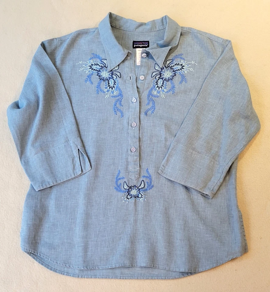 Patagonia Womens L Blue Embroidered Floral Hemp Blend Tunic Blouse Dulce - Image 1 of 4