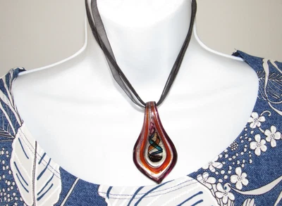 Brown Copper Swirl Pendant Murano Style Glass Black Ribbon Cord Choker Necklace - Image 1 of 4