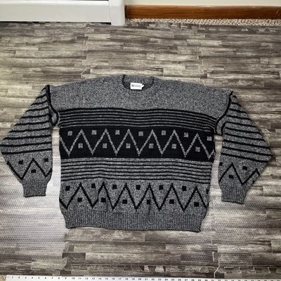 Suéter Acrílico Vintage Años 90 Geométrico Gris Negro 2XL XXL Hecho en EE. UU. De Colección Unisex Foto 1 de 4