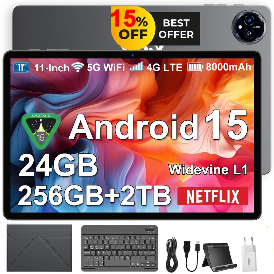 2025 PAD Tablet Android 15 24GB RAM+256GB 80000mAh 11 Zoll 13MP+8MP 5GWIFI USB-C - Bild 1 von 4