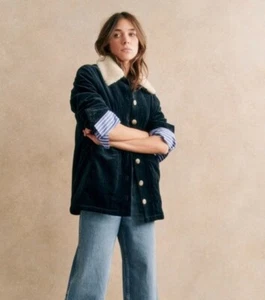 Chaqueta Sezane Cord Will forrada en piel de oveja azul marino cuello extraíble talla XS - Imagen 1 de 16