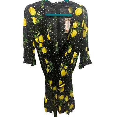 Boohoo Floral Ruffled Hemline Romper Black Green Yellow Dolka Dot Women’s Sz 16 - Imagem 1 de 4