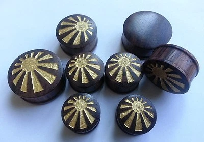 Pair Handmade Japan Sun Raising Gold Painted Sono Wood Ear Plugs Tunnels Gauges - Image 1 of 4
