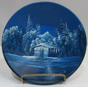 Handpainted 7 Inch Metal Bowl Winter Cabin Scene Signed Nichols - Picture 1 of 3