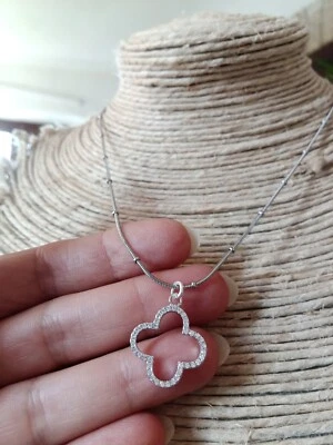 Collana a QUADRIFOGLIO argento 925 zirconi diamanti sintetici tono oro bianc - Immagine 1 di 4