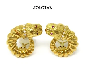 NYJEWEL Zolotas 18k Gold Greek Chimera Dragon Ruby Diamond Omega Back Earrings - Picture 1 of 5