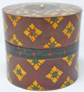 Antique Wooden Round Box Original Old Hand Carved Very Fine Lacquer Painted - Picture 1 of 7