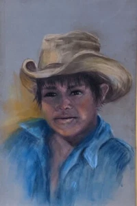 Original NATIVE AMERICAN INDIAN HISPANIC CHILD BOY Charcoal Chalk Pastel Drawing - Picture 1 of 3