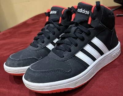 Adidas Unisex Hoops 2.0 Boys Size 5 Mid Black white red High Top Shoes Sneakers  - Image 1 of 4