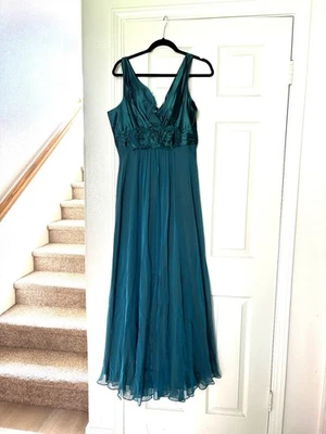 Womens Rickie Freeman Teri Jon Teal Green Silk Dress Evening Gown Medium 12 - Image 1 of 4