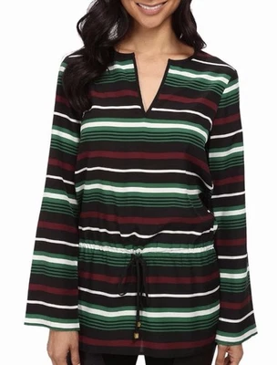 Michael Kors Palmetto Green Striped Mauboug V-Neck Top w/Drawstring - $99.50 SM - Image 1 of 4