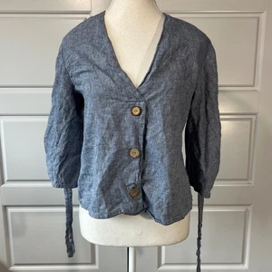 Blusa Top Zara XS Mezcla de Lino Botón Frontal Manga Corbata Azul Cambray - Imagen 1 de 8
