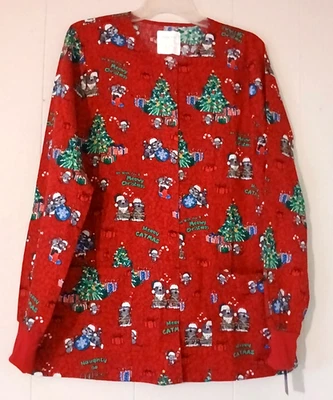 Cherokee Scrubs Top Women size M Christmas Cat print red long sleeve New Tags - Image 1 of 4