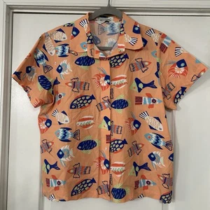 VTG Orvis AOP Fish Print Women’s 14 Top Orange Blue Green All Over Button Up - Picture 1 of 10