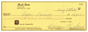 HANK SNOW Signed AUTOGRAPH on PERSONAL BANK CHECK to Band Member ROGER CARROLL - Picture 1 of 2
