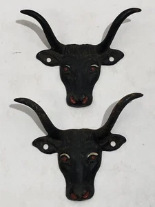 Vintage Cast Iron Bull Longhorn Wall Hook Coat Hanger Farmhouse Hand Painted - Picture 1 of 5