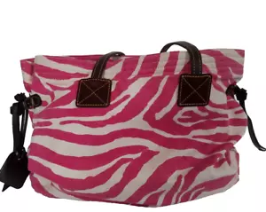 DOONEY BOURKE Pink/White Zebra Stripe Canvas tote bag with leather handle, used - Picture 1 of 9