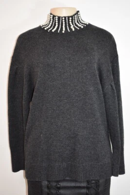 SANDRO Paris GRAY Pearl Beaded Long Sleeve 100% Wool Sweater Size Medium   - Image 1 of 4