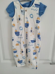 New Marks and Spencer M&S 2pc Blue White Cotton Rich AOP Boat Print Outfit Set - Picture 1 of 4