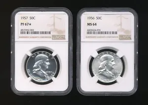Lot of 2 - 1957 50C NGC PF67*, 1956 50C MS64 Franklin Half Dollars             z - Picture 1 of 2
