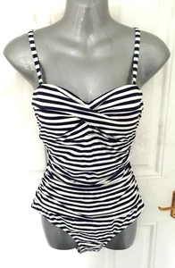 Boden 12 Navy Blue White Stripe Swimsuit Swimming Costume Cup & Tummy Support - Picture 1 of 11
