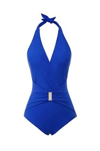GRACE KARIN Women's Halter Swimwear V Neck Stripe Tummy Control One-Piece Blue - Picture 1 of 6
