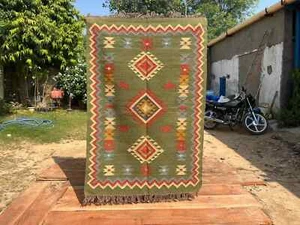 Handmade Green Southwestern Rug Vintage Moroccan Navajo Kilim Rug Custom Sizes - Picture 1 of 7