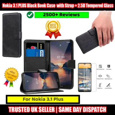 Nokia 3.1 PLUS Black Book Case Flip with Strap + 2.5D Tempered Glass Protector - Image 1 of 4