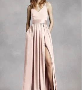 NWT Vera Wang White Collection Blush Pink Bow Back Maxi Dress Wth High Slit 8 - Picture 1 of 12
