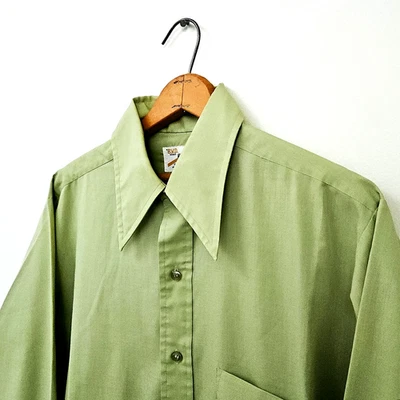Vintage 70s Puke Green BVD Button Up Shirt Vtg 1970s Retro Rockabilly Mod L - Image 1 of 4